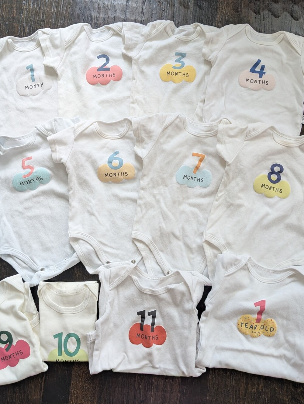 Bundle (12) Baby Monthly Milestone Bodysuit Set 0-12 Months 100% Cotton